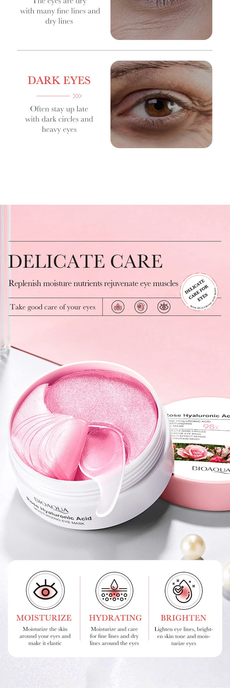 60pcs BIOAQUA Rose Hyaluronic Acid Eye Masks
