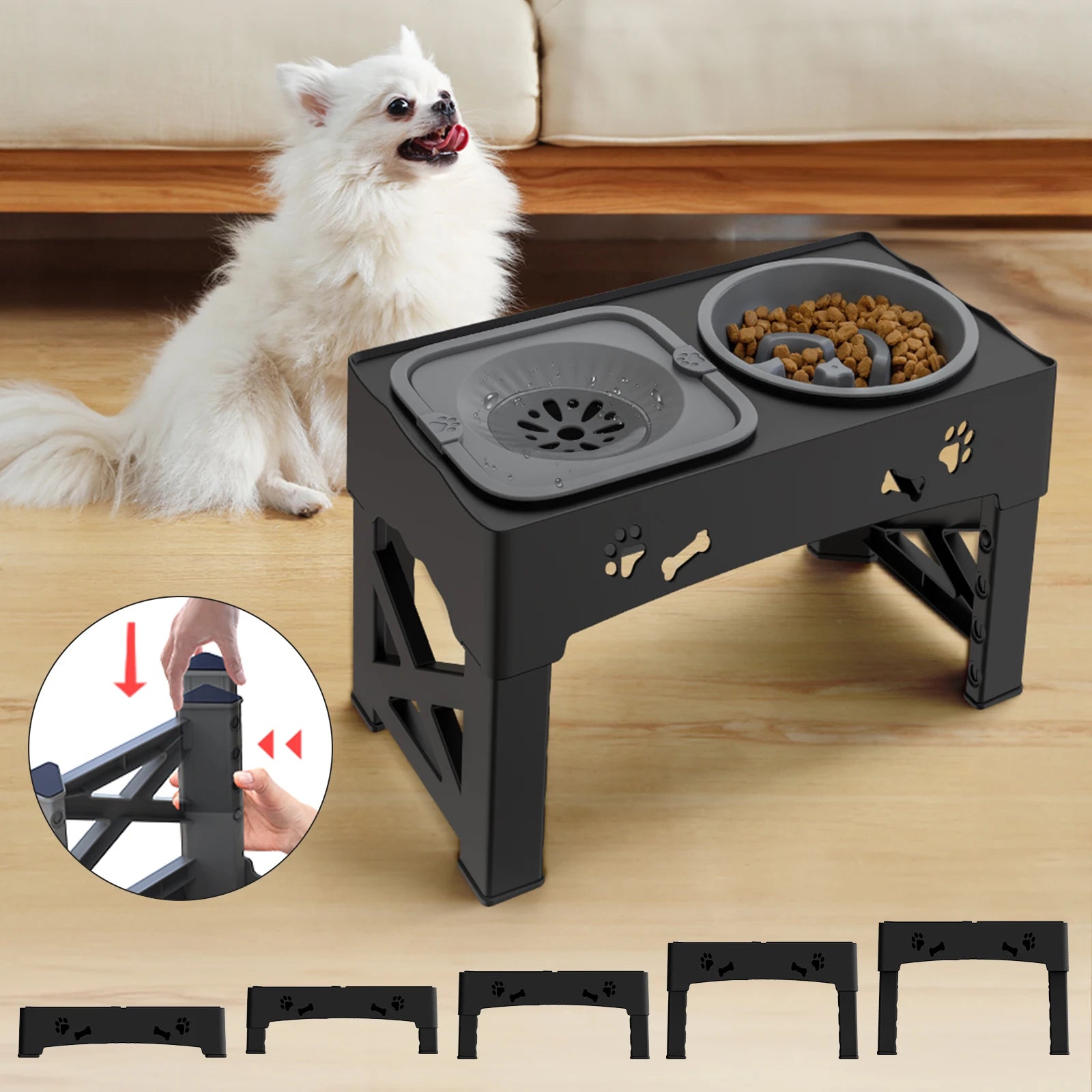 3-in-1 Adjustable Height Pet Feeder with Double Bowls