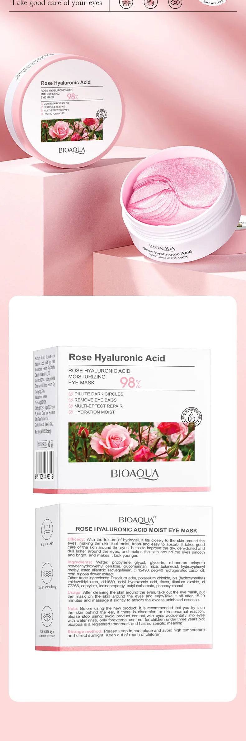 60pcs BIOAQUA Rose Hyaluronic Acid Eye Masks