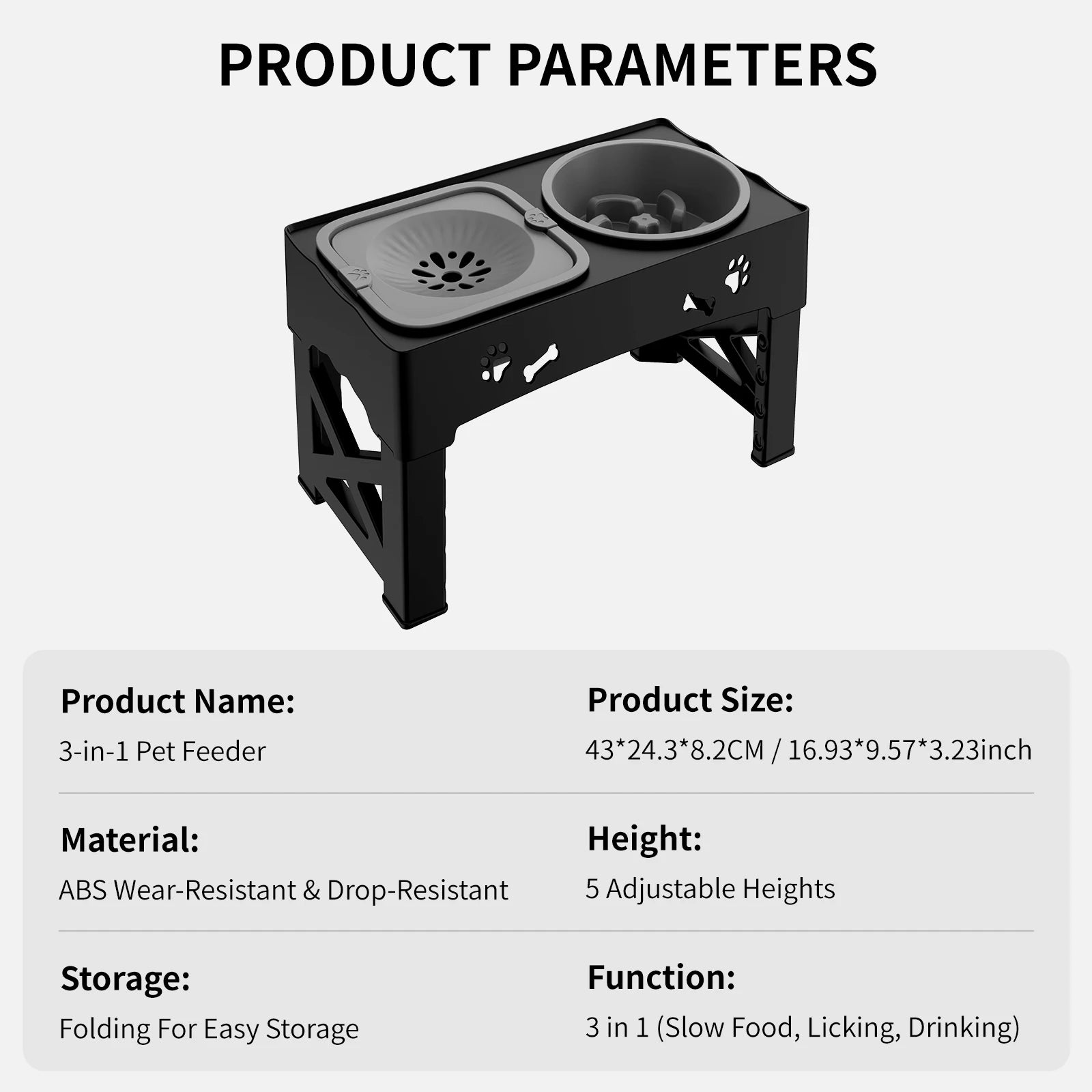 3-in-1 Adjustable Height Pet Feeder with Double Bowls