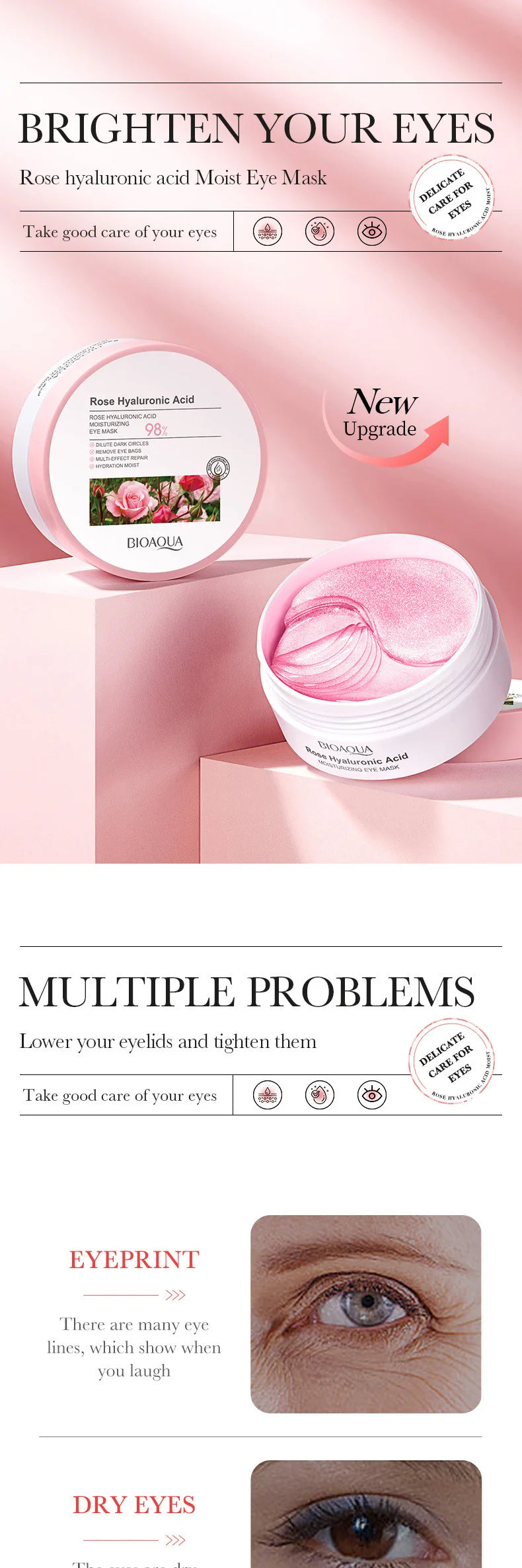 60pcs BIOAQUA Rose Hyaluronic Acid Eye Masks