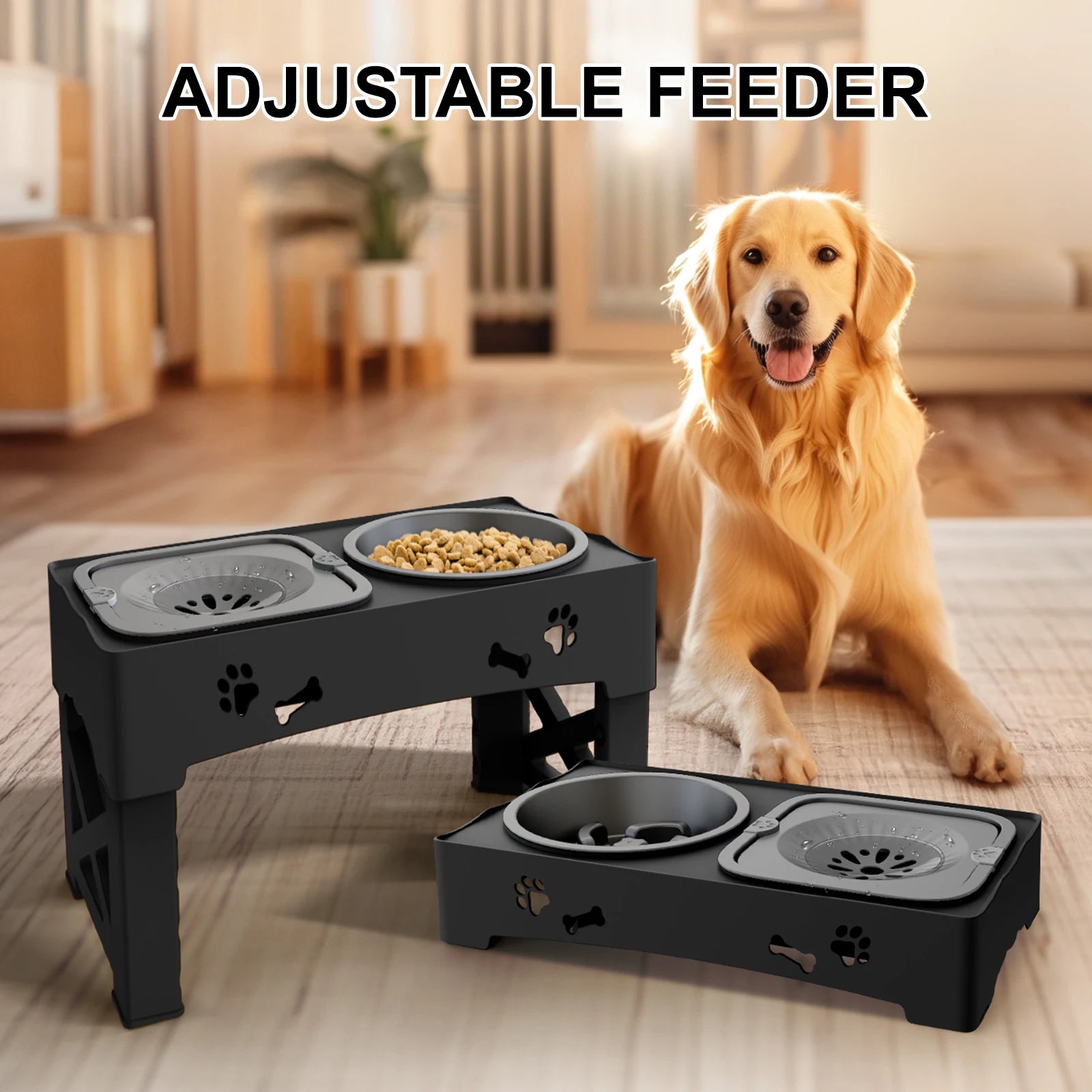 3-in-1 Adjustable Height Pet Feeder with Double Bowls